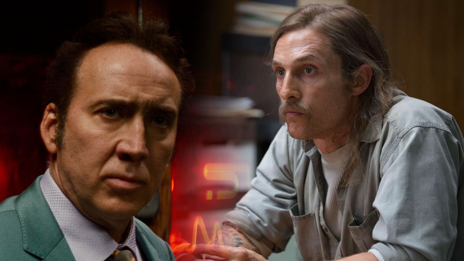 El actor Nicolas Cage con una chaqueta verde y el actor Matthew McConaughey con una camisa azul