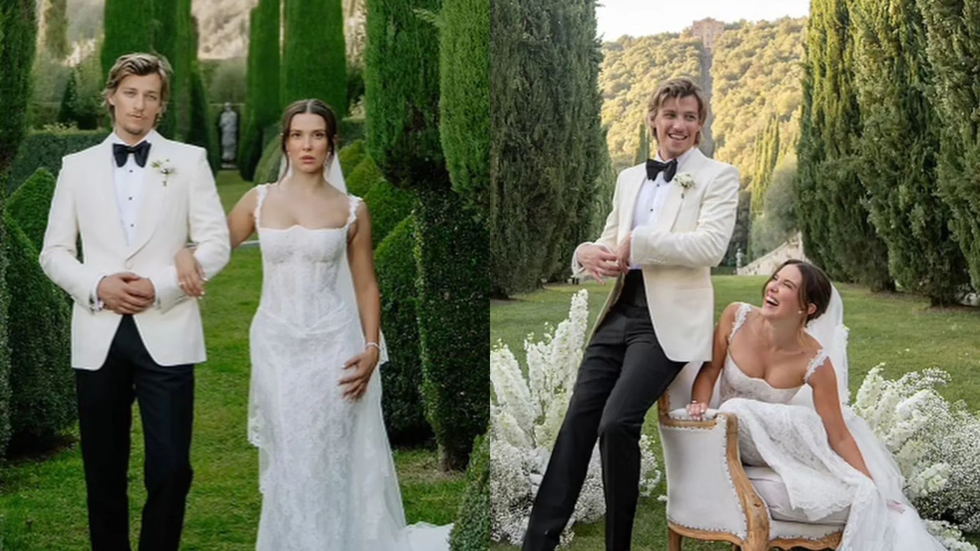 Millie Bobby Brown y Jake Bongiovi en fotos de boda: el novio con esmoquin blanco y la novia con vestido blanco de encaje posando en un jardín