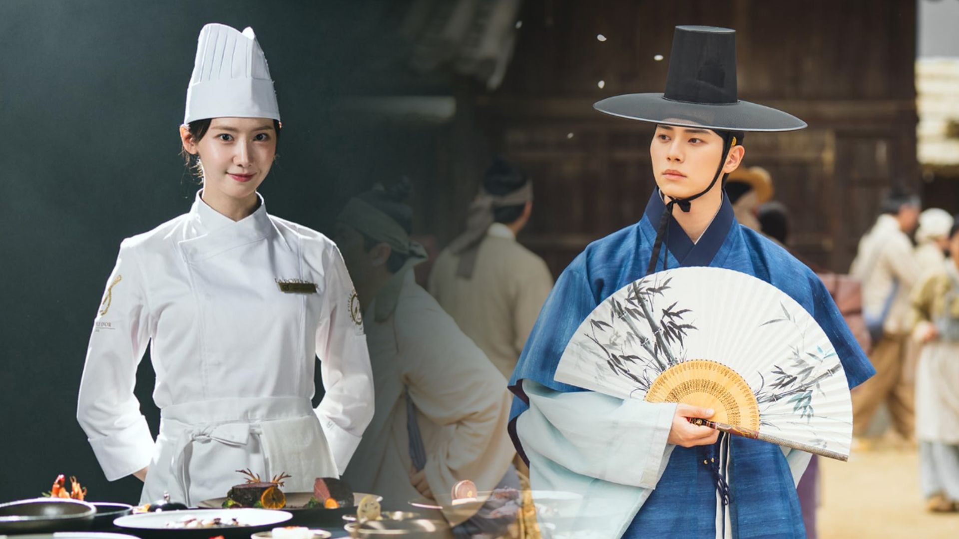 Una chica vestida de chef está de pie en una mesa, con un hombre en traje tradicional coreano con sombrero a la derecha