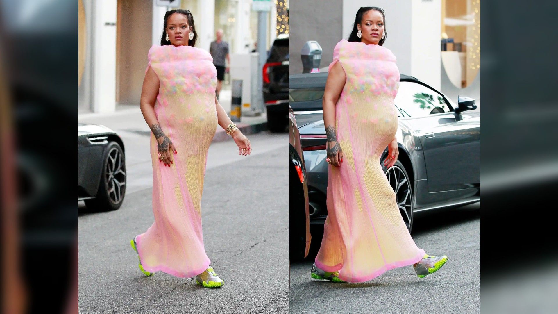 Rihanna embarazada con un vestido rosa inusual y zapatillas caminando por la calle