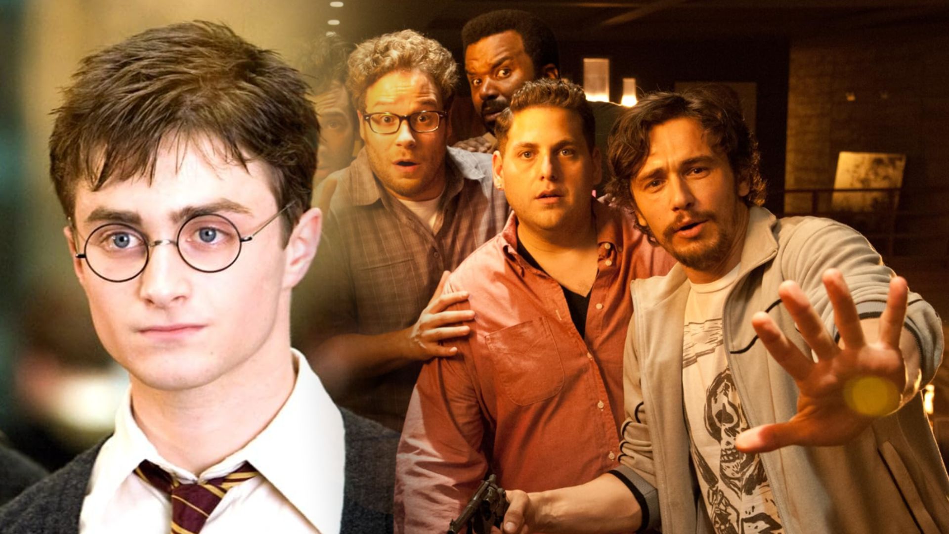 El actor Daniel Radcliffe en uniforme escolar y un grupo de personas asustadas