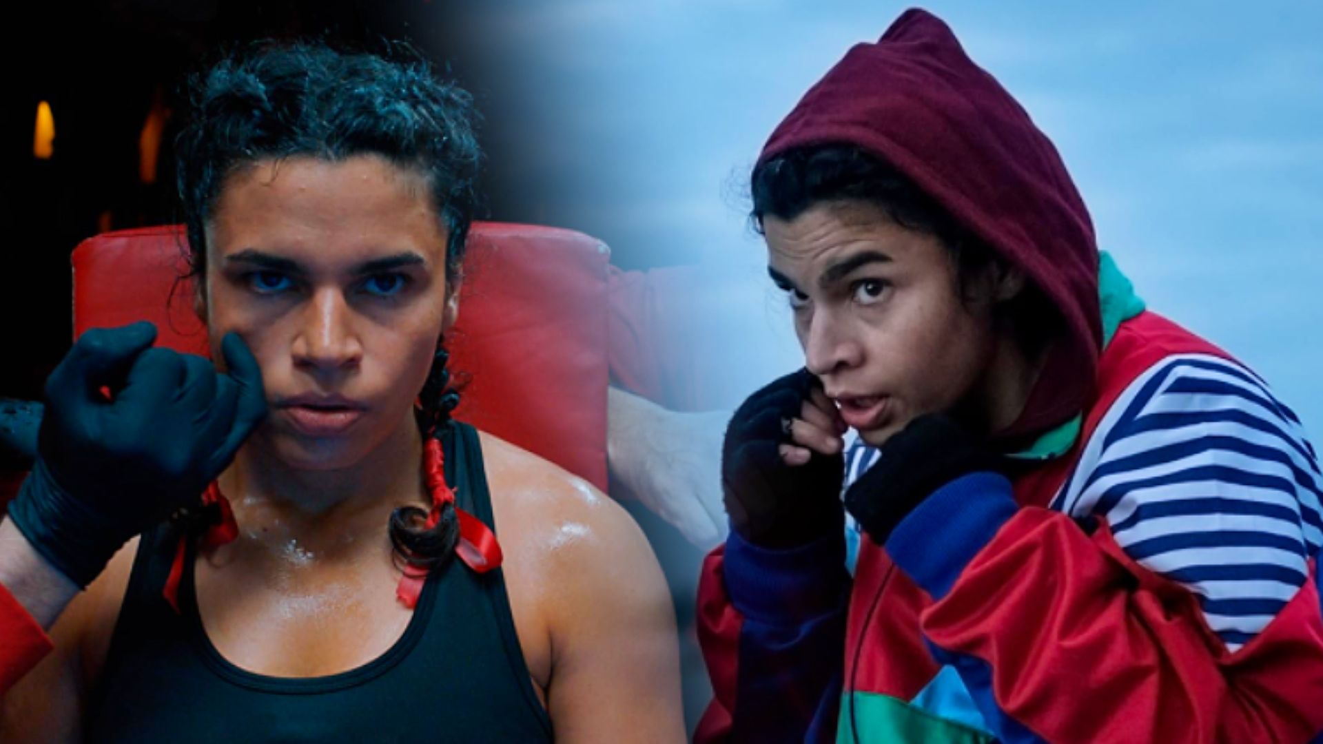 Chica con camiseta negra sin mangas en ring de boxeo, a la derecha está con chaqueta colorida practicando golpes