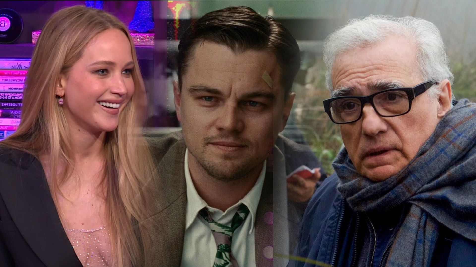 La actriz Jennifer Lawrence con un blazer negro, Leonardo DiCaprio con un blazer beige y el director Martin Scorsese con una chaqueta azul