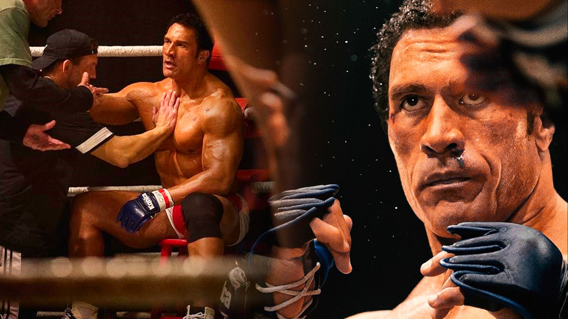 El actor Dwayne Johnson con guantes de MMA sentado en el ring, a la derecha tiene las manos levantadas frente a su cara