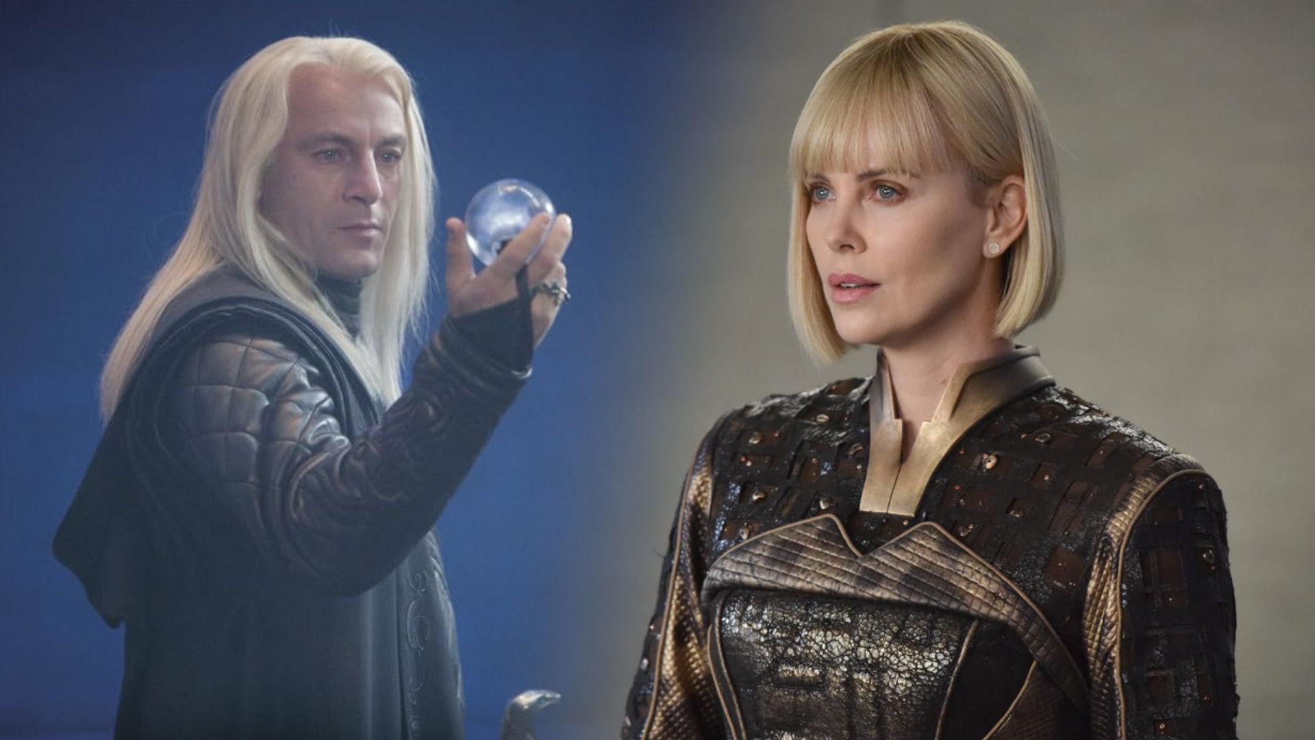 Actor Jason Isaacs con cabello blanco largo, Charlize Theron con cabello blanco